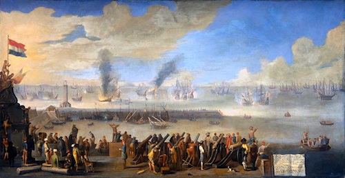 Depicted are English and Dutch ships fighting in the battle of Livorno (Leghorn) in 1653, during the Second Anglo-Dutch war.
Credit: The Battle of Livorno (Leghorn), 1660, Johannes Lingelbach, Rijksmuseum Amsterdam
Depicted are English and Dutch ships fighting in the battle of Livorno (Leghorn) in 1653, during the Second Anglo-Dutch war. Credit: The Battle of Livorno (Leghorn), 1660, Johannes Lingelbach, Rijksmuseum Amsterdam